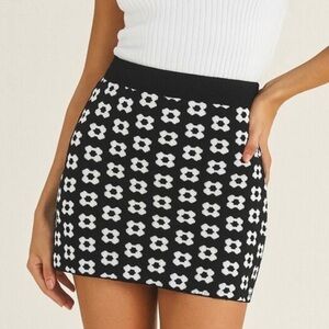 Princess Polly Adora Sweater Knit Mini Skirt in Black with White Flowers